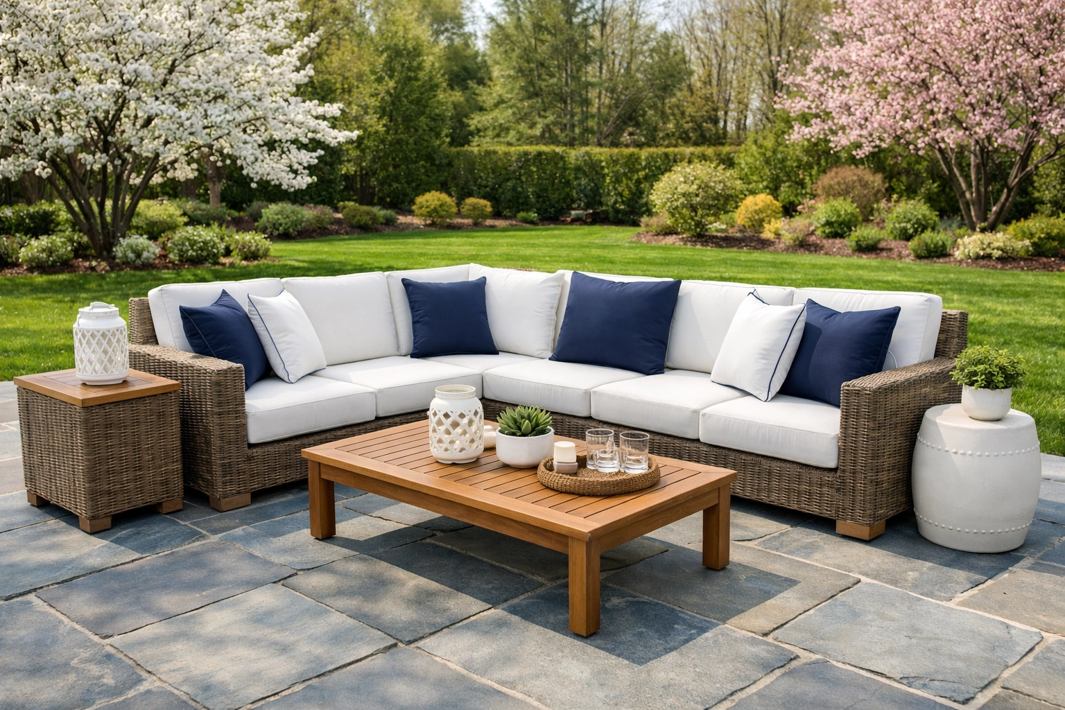 Cleaned outdoor patio cushions and furniture on a luxury bluestone patio in Westchester NY.