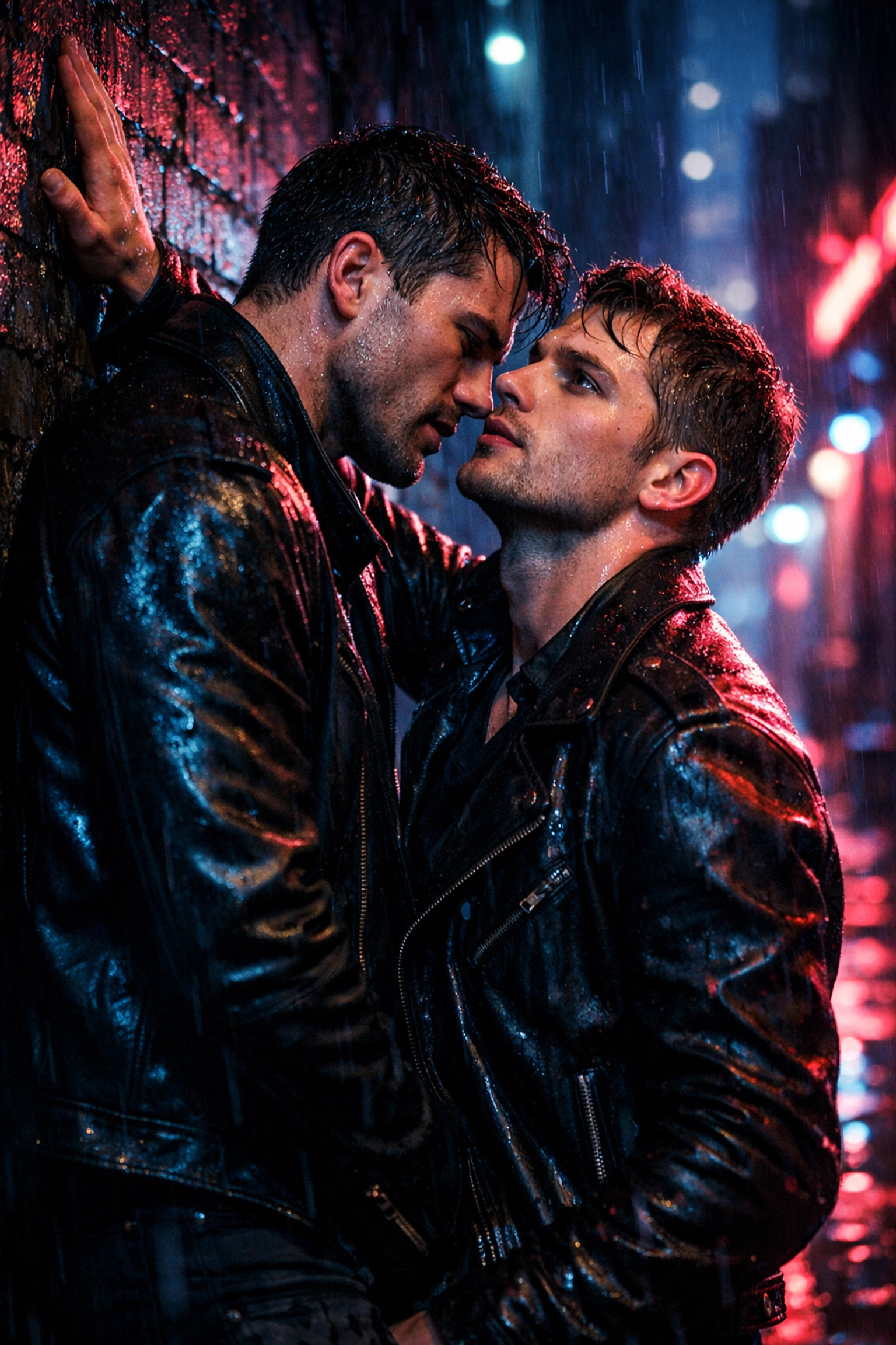 Two men in an intense enemies to lovers gay romance scene in a rainy, neon-lit alley.