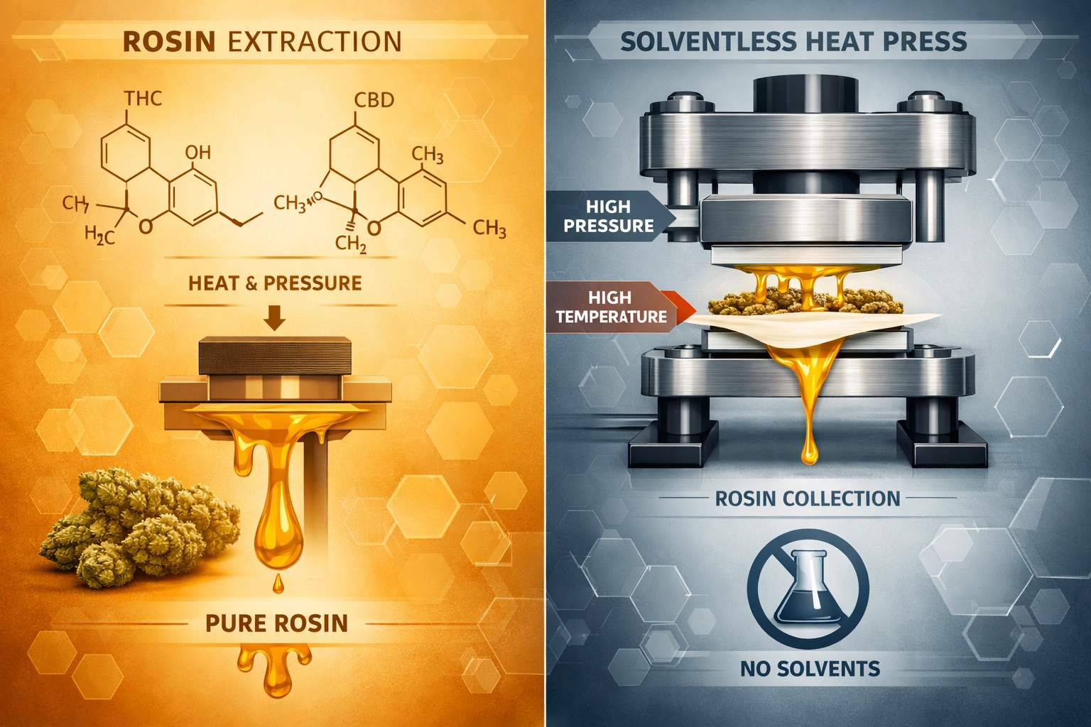 Solventless rosin extraction process diagram showing heat-press method for cannabis concentrates