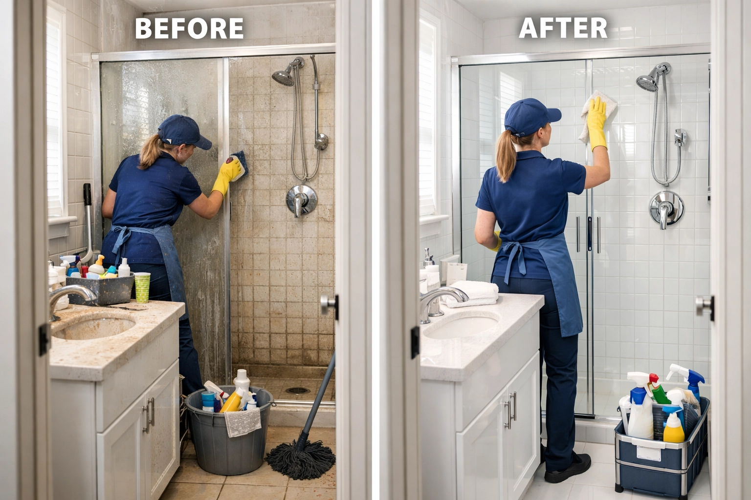 Professional cleaning service transforming apartment bathroom during turnover