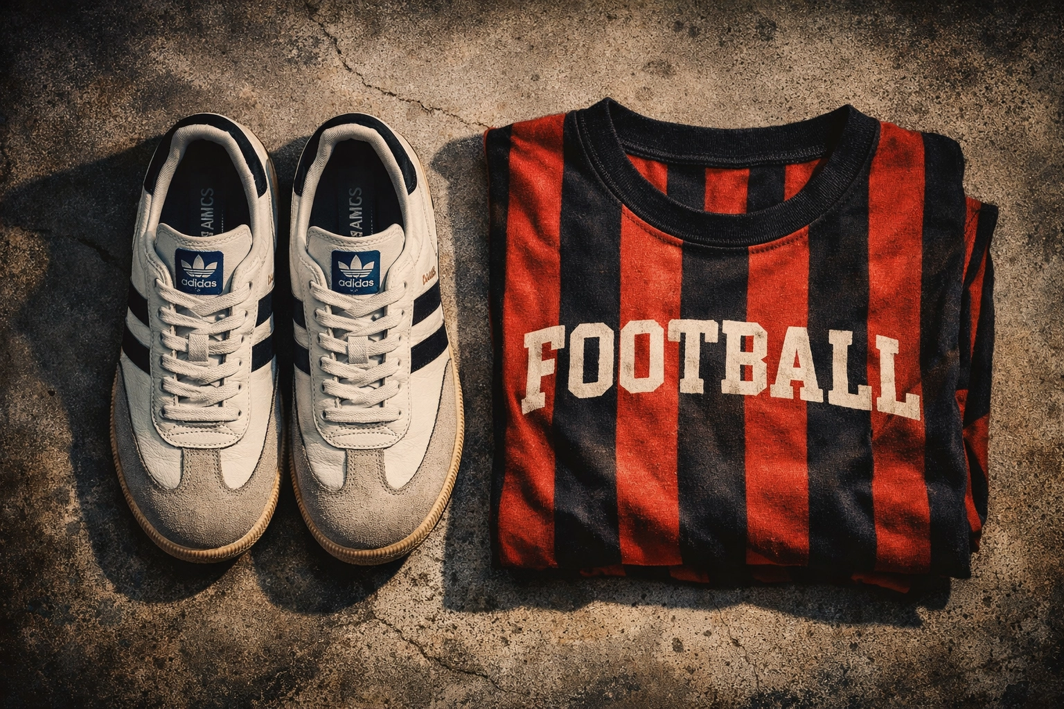 White Adidas Samba sneakers paired with red and black striped vintage Italian football tee