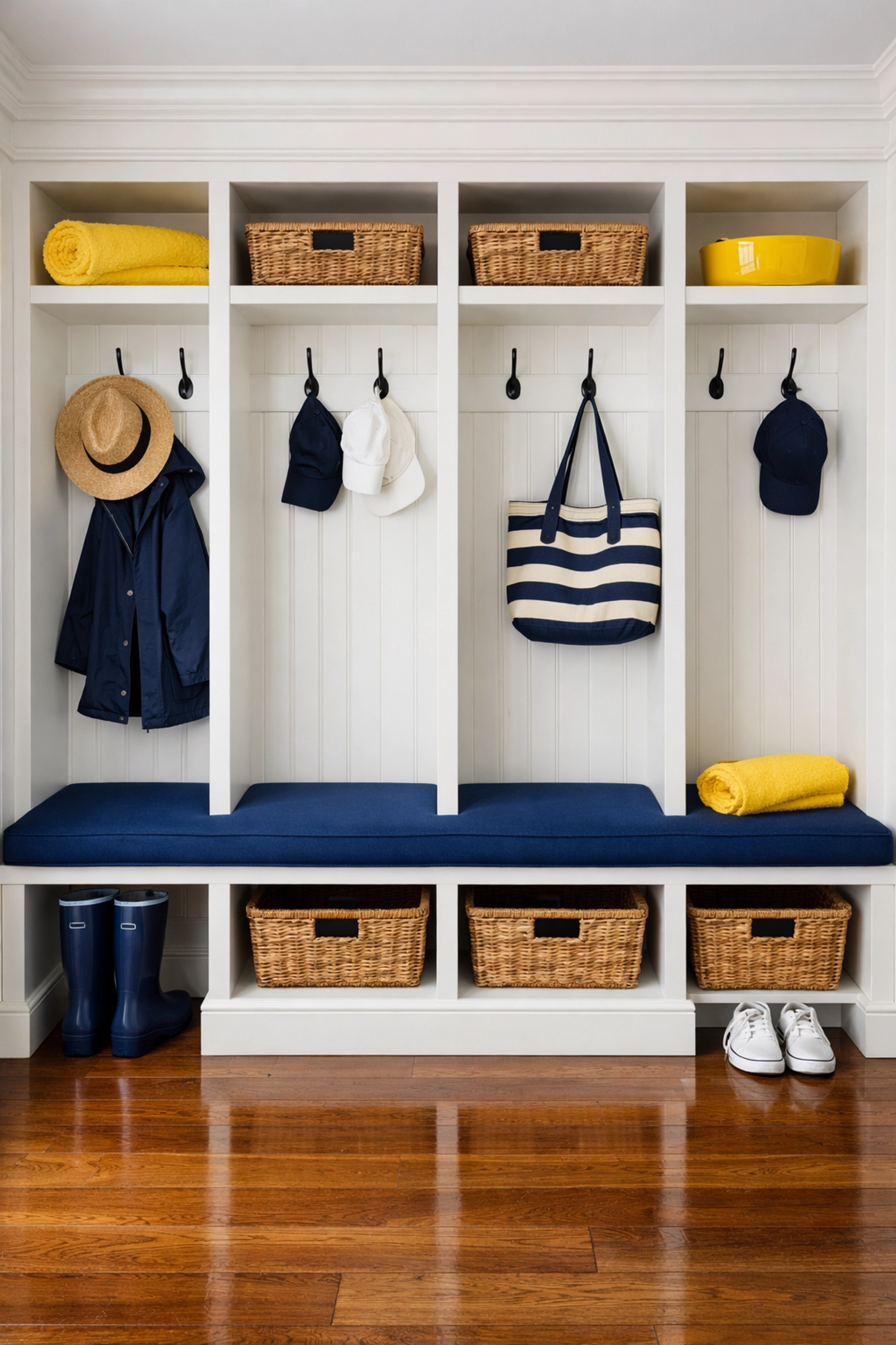 A clean, organized Sudbury estate mudroom with spotless hardwood floors after a deep clean.