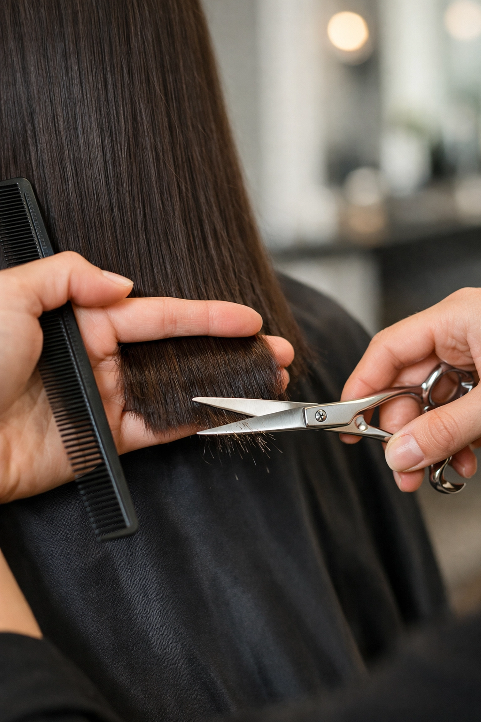 Stylist performing a precision trim at a hair salon in Concord NH to maintain healthy, split-end-free hair.