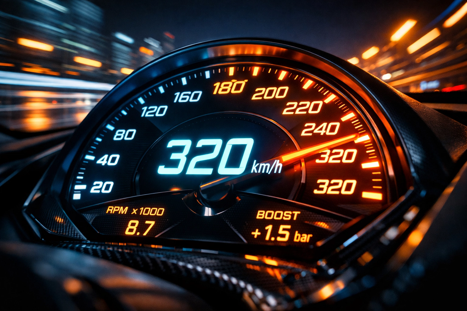 A high-speed digital speedometer on a dark highway, representing fast-paced PPC lead generation for injury lawyers.