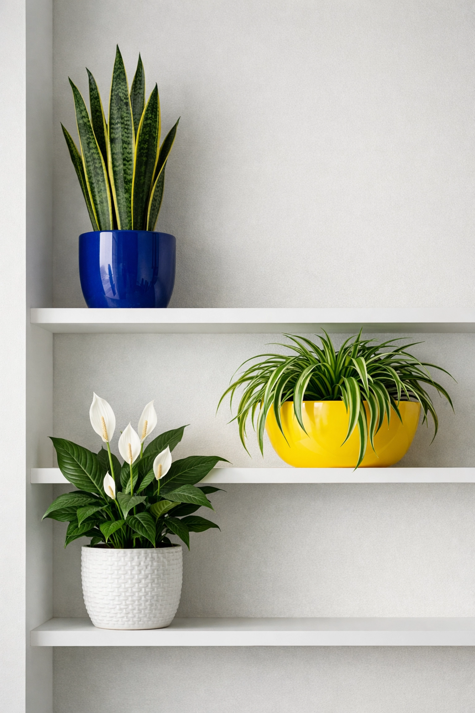Shelving with air-purifying indoor plants like Spider Plants and Peace Lilies to improve home air quality.