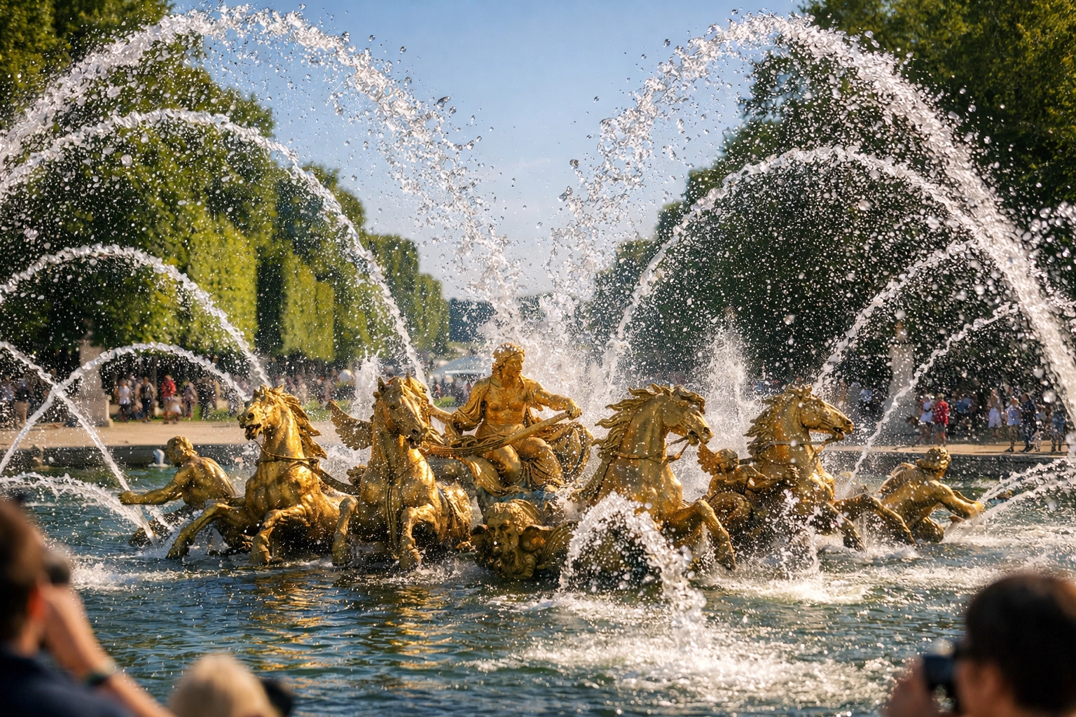 Close-up of a musical fountain show in the Versailles gardens with water splashing.