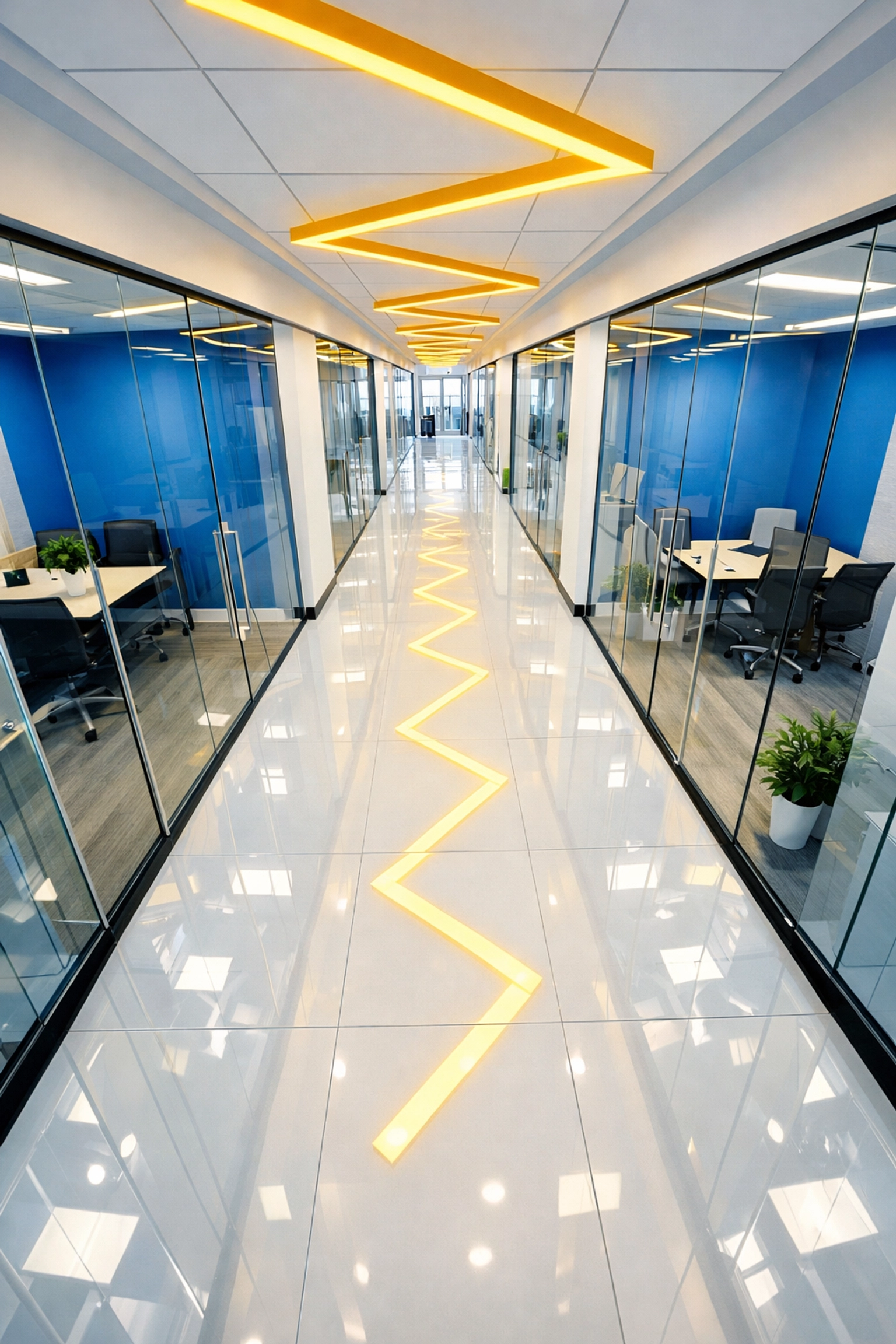 Vibrant and airy office corridor showing results of tactical commercial cleaning Boston maintenance.