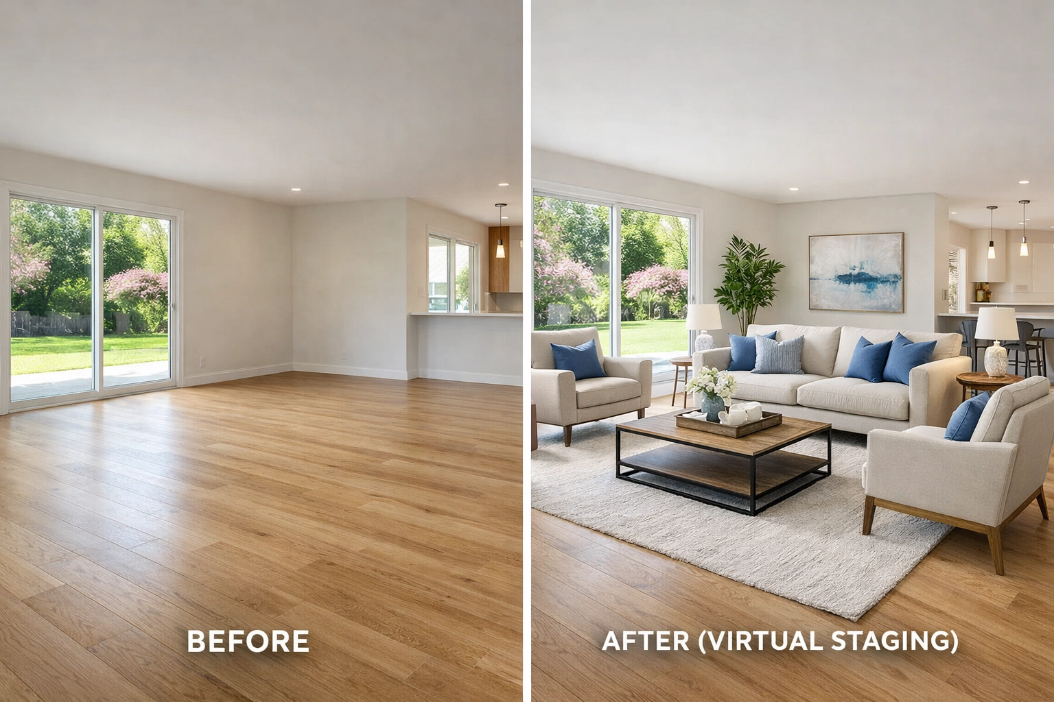 Virtually staged living room for spring real estate listing refresh in Saskatoon