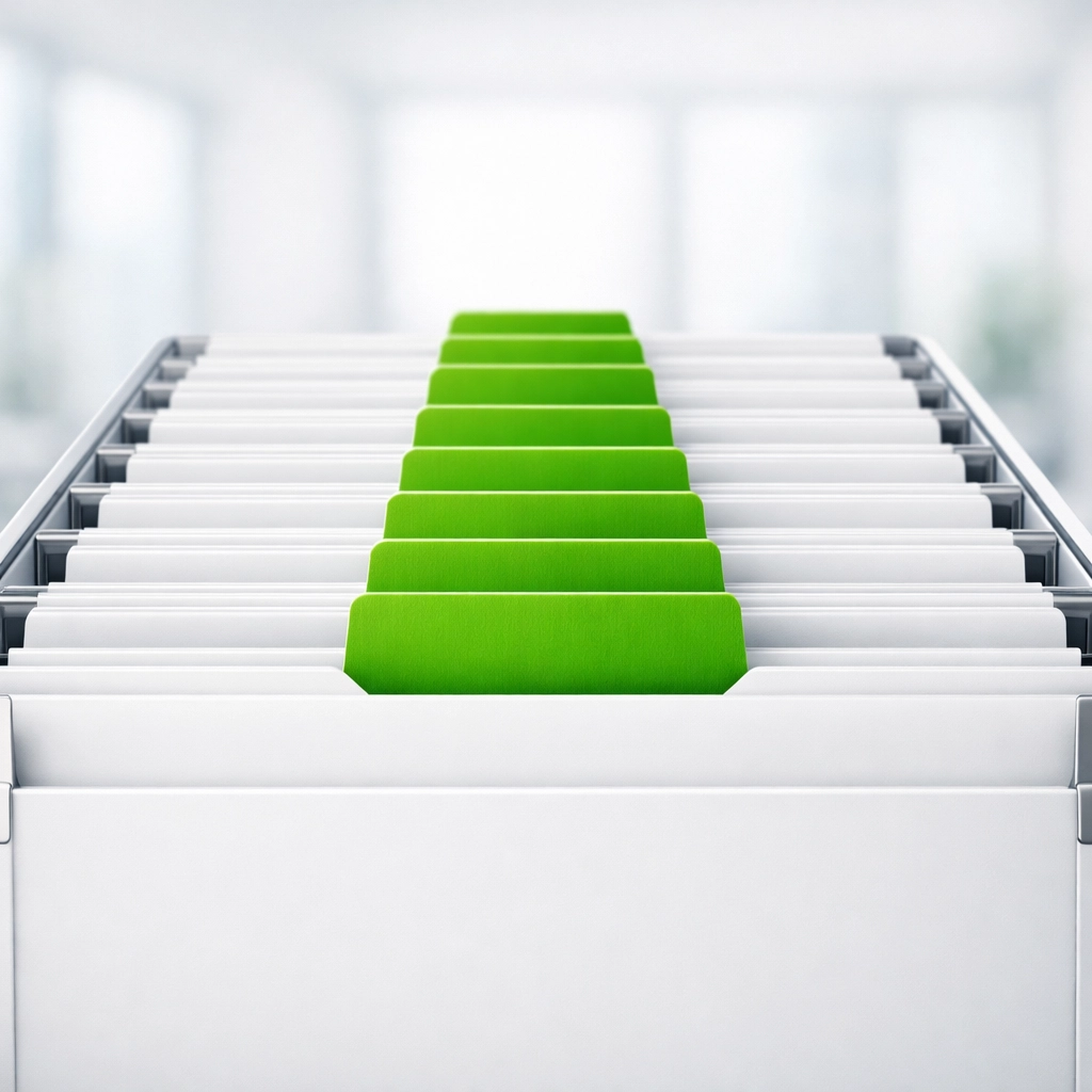 Organized business entity documents with green tabs for fast real estate loan processing and approval.