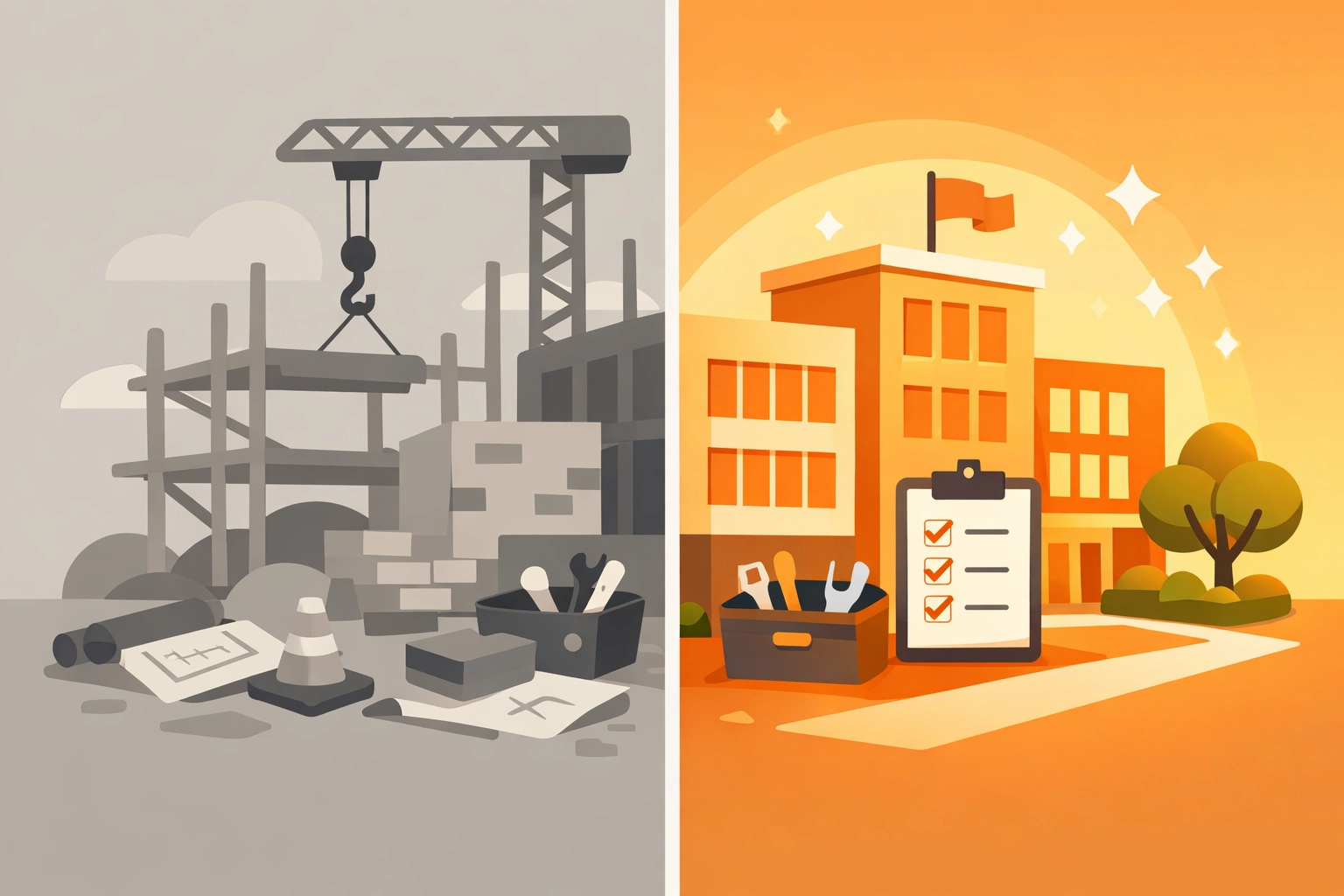 Before and after photo comparison of a construction job site illustrating professional work progress.