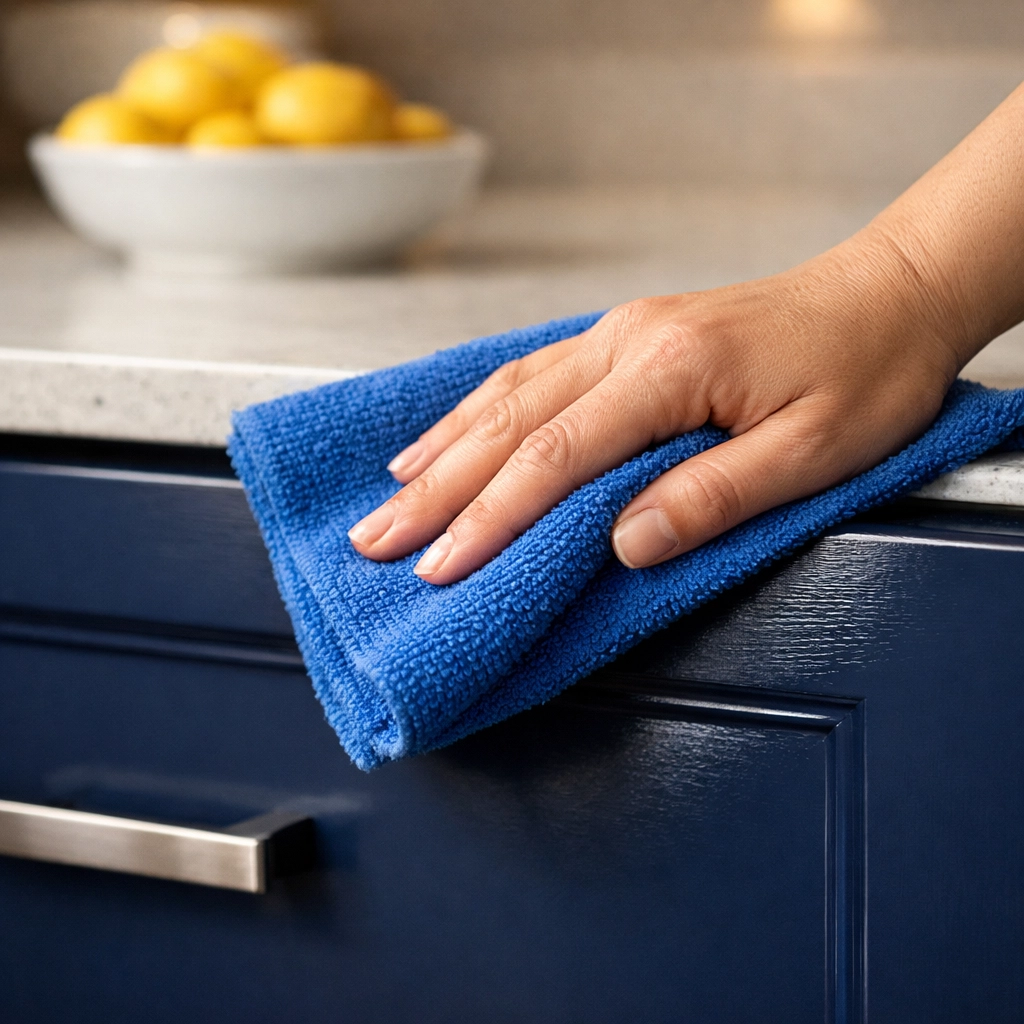 Hand cleaning a kitchen cabinet with a microfiber cloth to remove drywall dust.