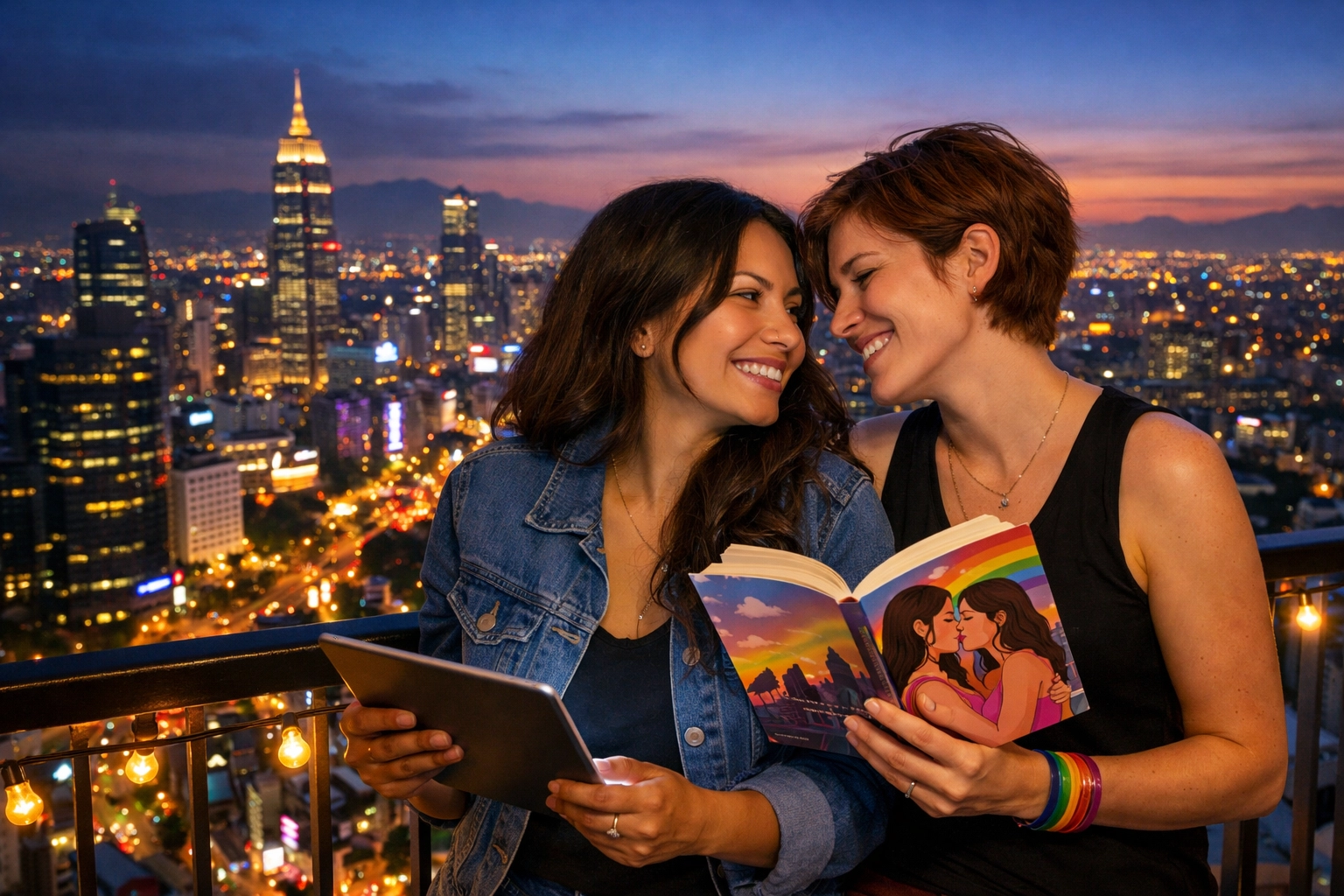 Lesbian couple reading queer literature on a balcony overlooking a city, showing global LGBTQ connection.