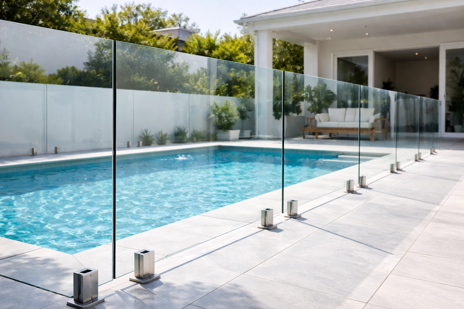 Frameless glass pool fence with toughened safety panels surrounds a modern Australian backyard swimming pool, highlighting pool compliance.