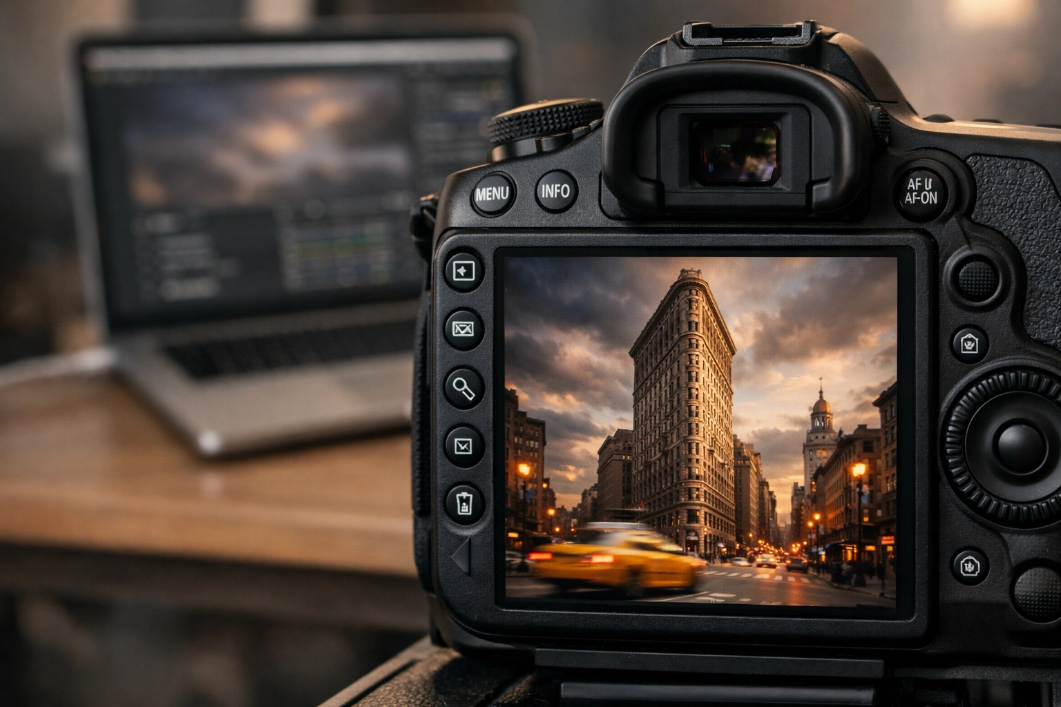 Editing a fine art shot of the Flatiron Building, one of the best places to take pictures in NYC for architectural art.