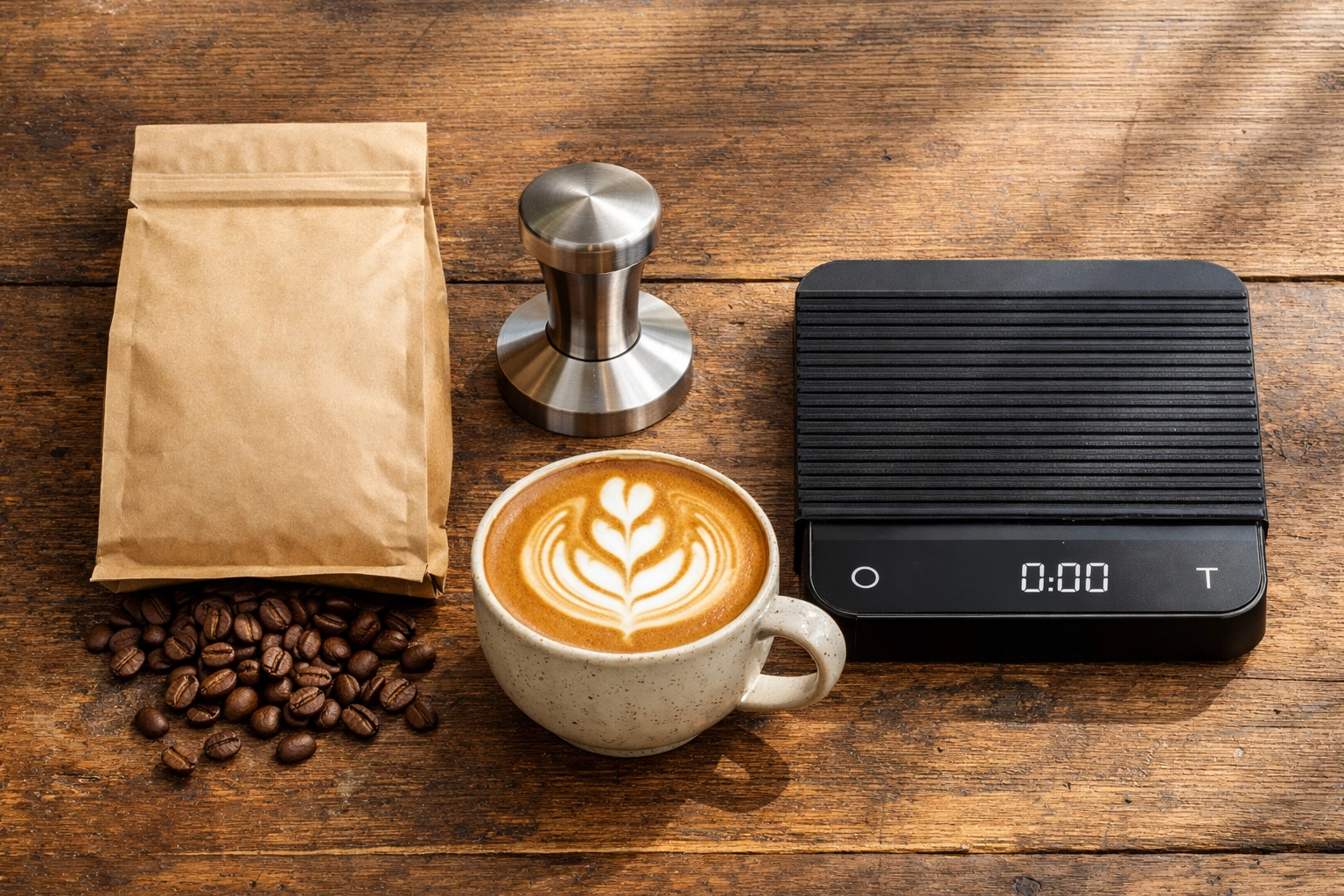 Wholesale specialty coffee beans and barista equipment including a tamper and digital brewing scale.