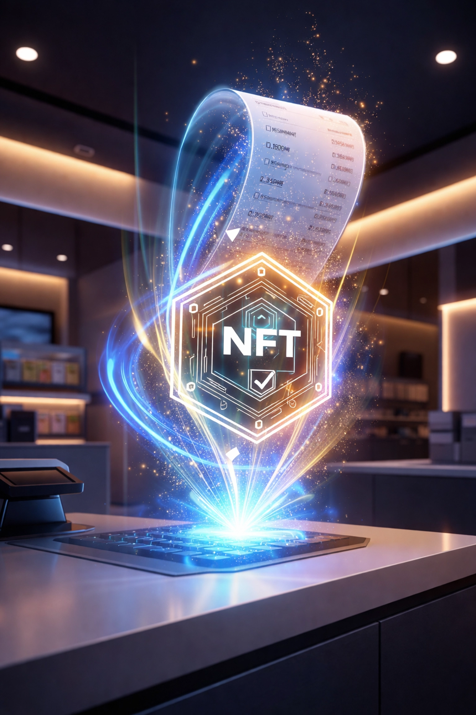 Digital receipt transforming into NFT token above retail counter for crypto POS small business accounting