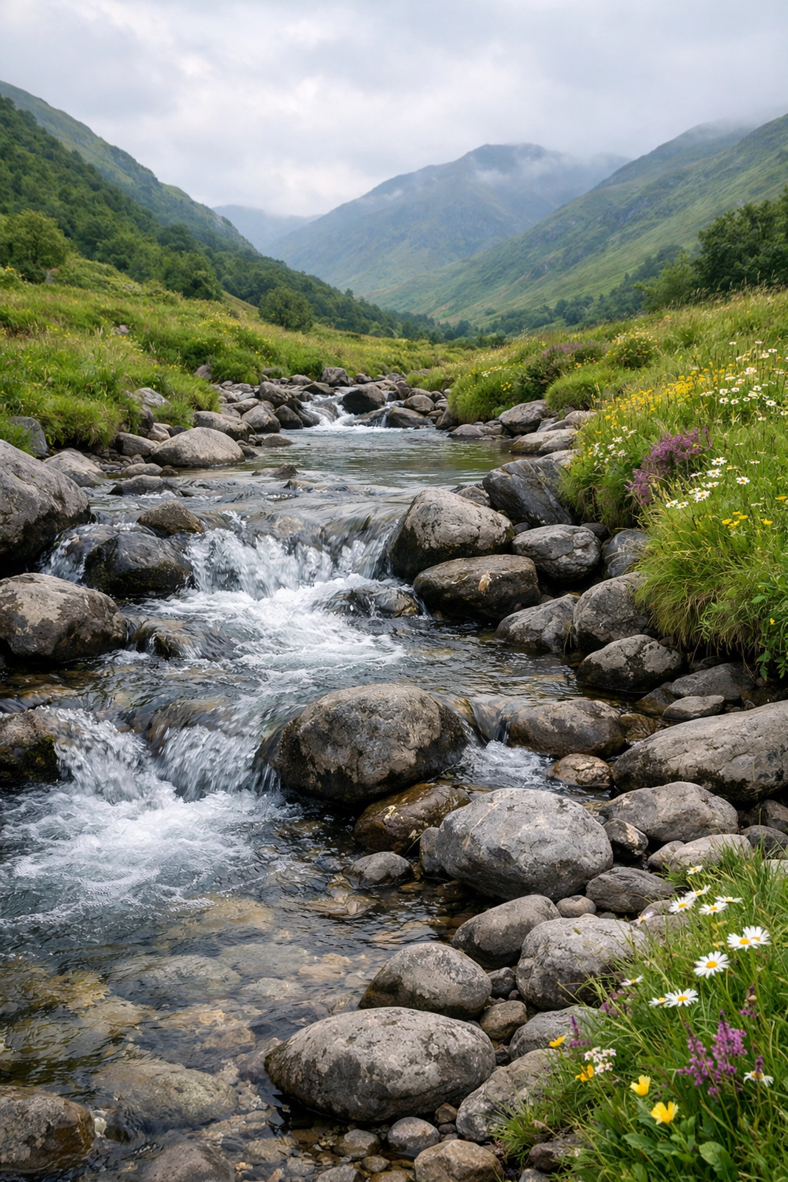 A clear mountain stream in a green valley representing Leave No Trace principles on UK hiking tours.
