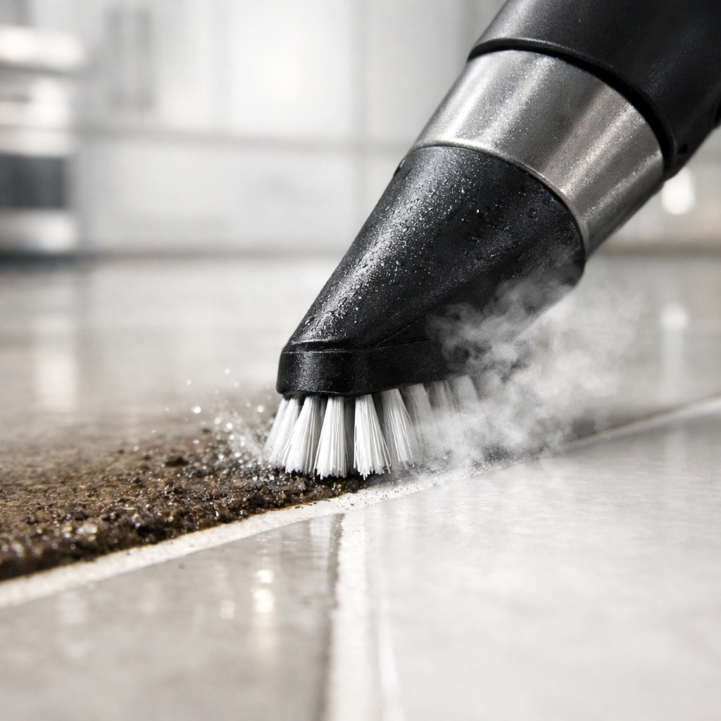 Professional deep cleaning of tile and grout in a modern property management unit.