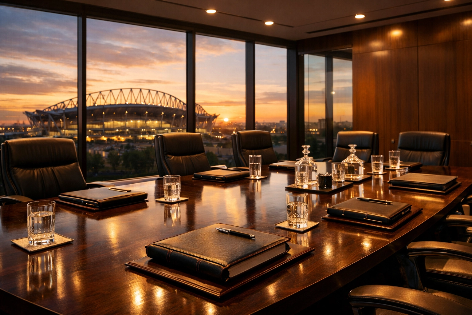 PRESS RELEASE: The Ultimate Guide to Super Bowl Corporate Hospitality: Everything You Need to Succeed Executive boardroom overlooking a football stadium for Super Bowl corporate hospitality planning.