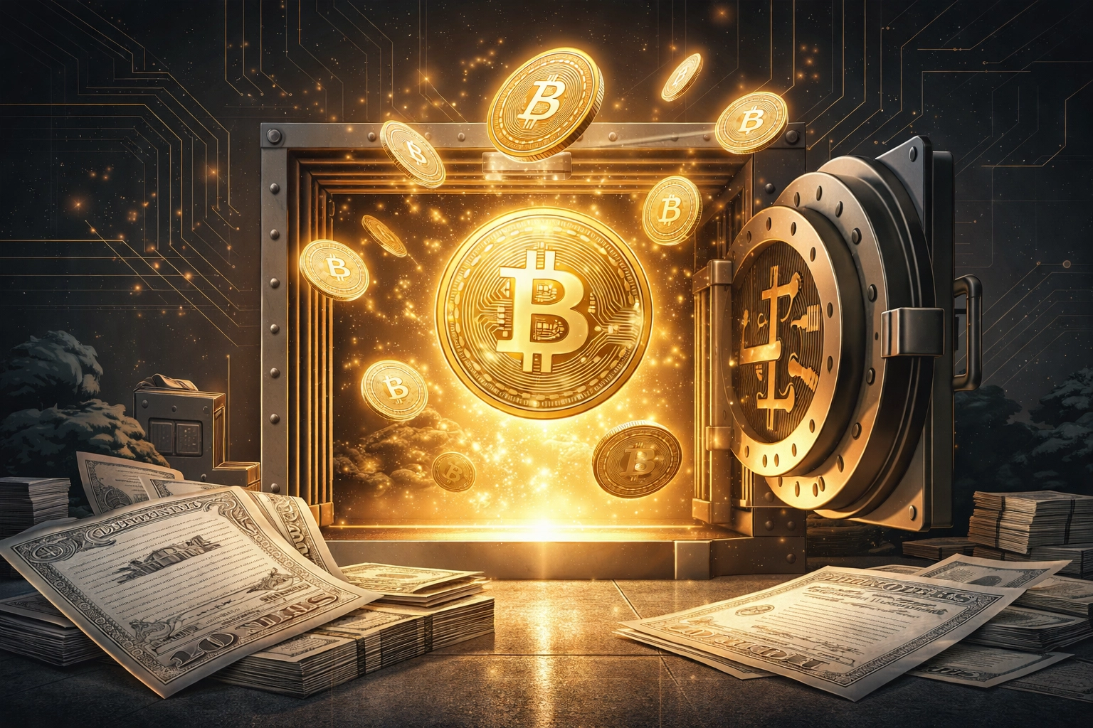 Bitcoin and cryptocurrency assets blending with traditional finance, representing institutional crypto investing.