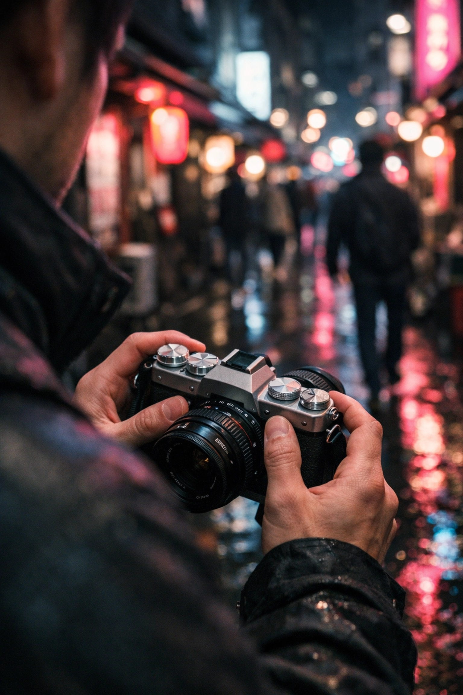 Using one of the best mirrorless cameras for candid street photography in a neon-lit city alleyway.