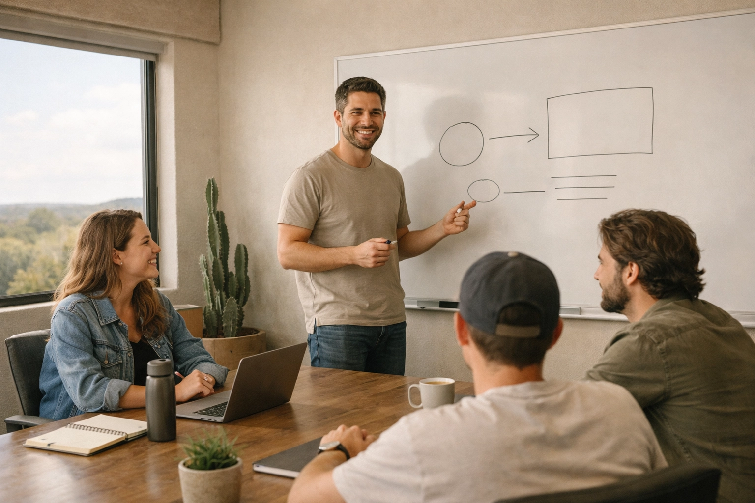 Small team meeting in a bright conference room with a whiteboard and natural light
