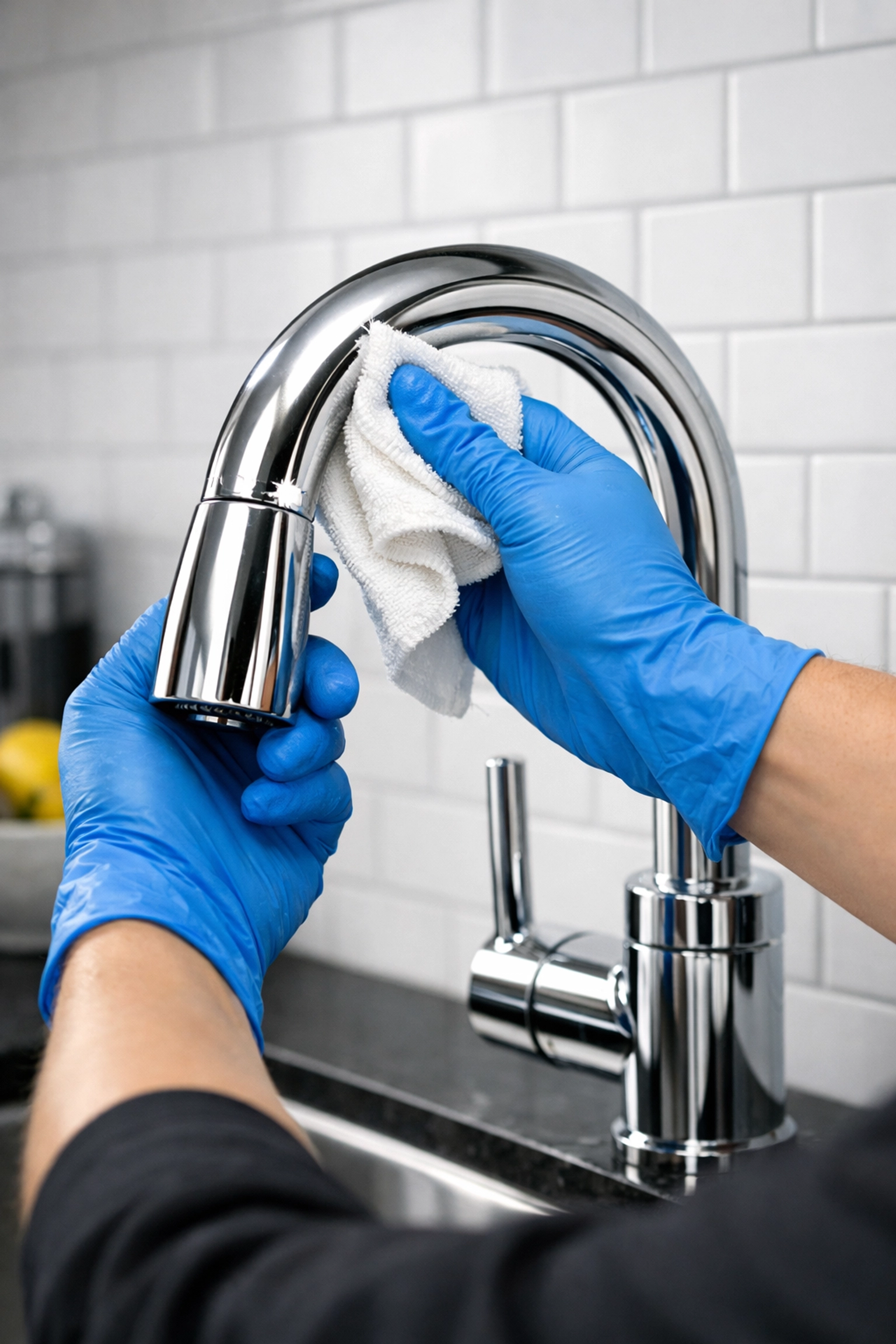 Professional hands polishing a chrome kitchen faucet during a deep cleaning service in Fitchburg.
