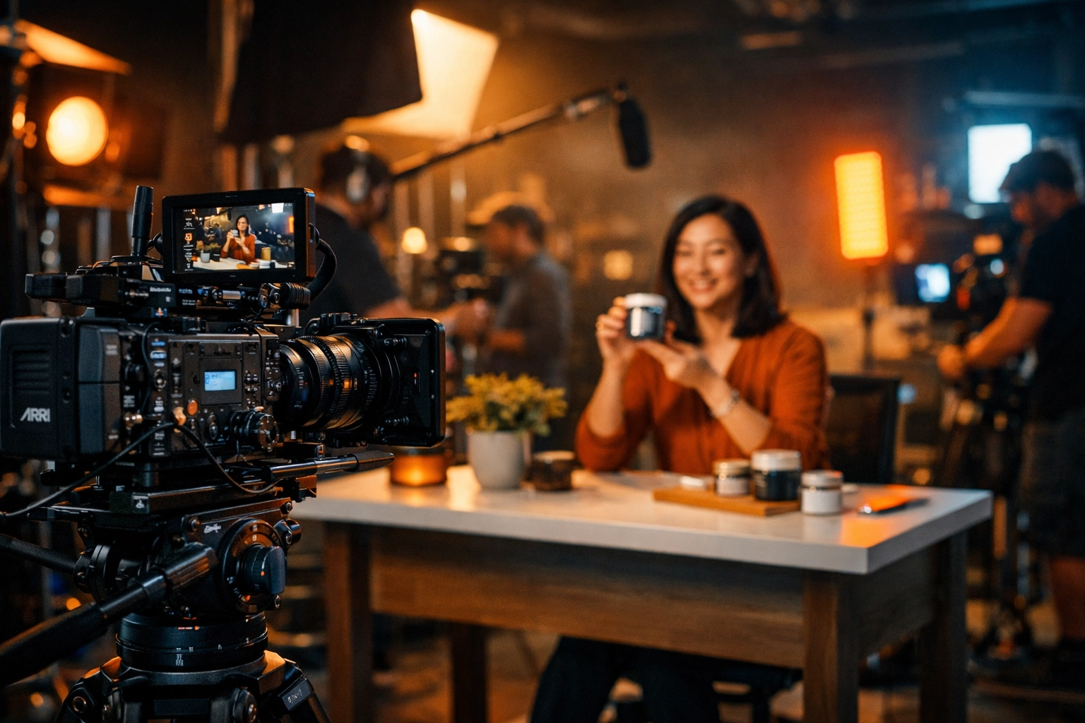 Professional video production set filming small business owner presenting product