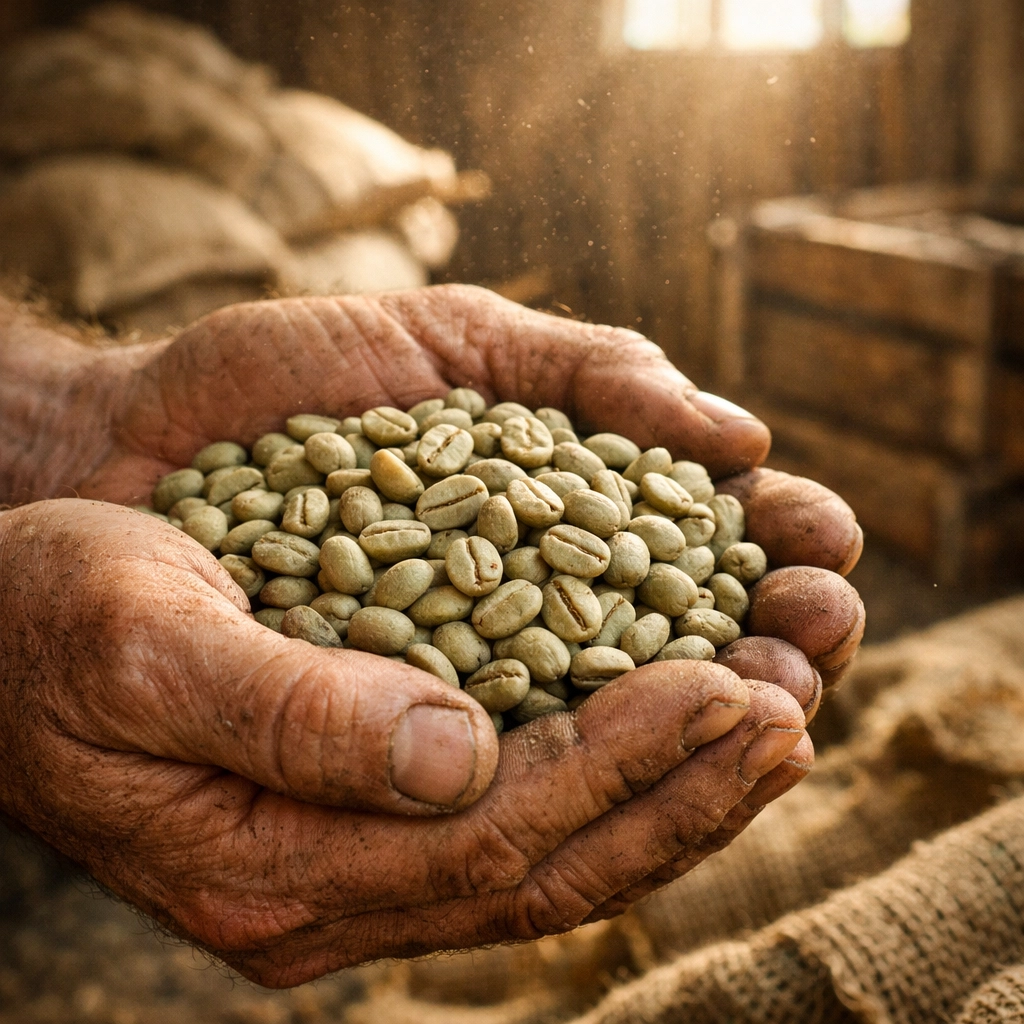 Specialty grade unroasted coffee beans held in hands to ensure clean sourcing standards.