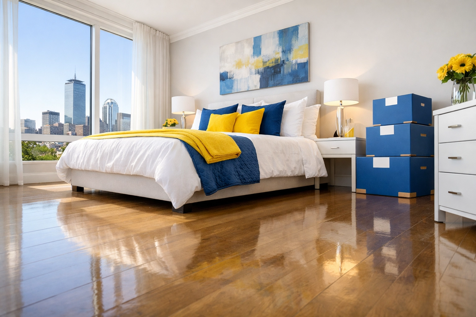 Immaculate Boston bedroom sanitized and ready for new tenants during a professional apartment turnover.