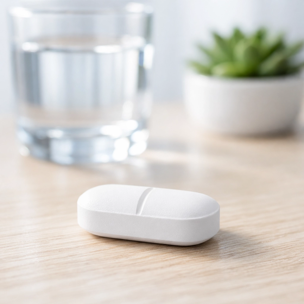 Oral semaglutide pill on a wooden surface representing a needle-free Wegovy substitute.
