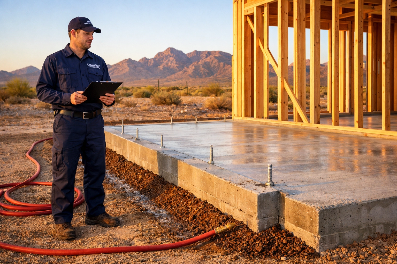 Professional termite prevention treatment at a new home construction site in the West Valley desert.