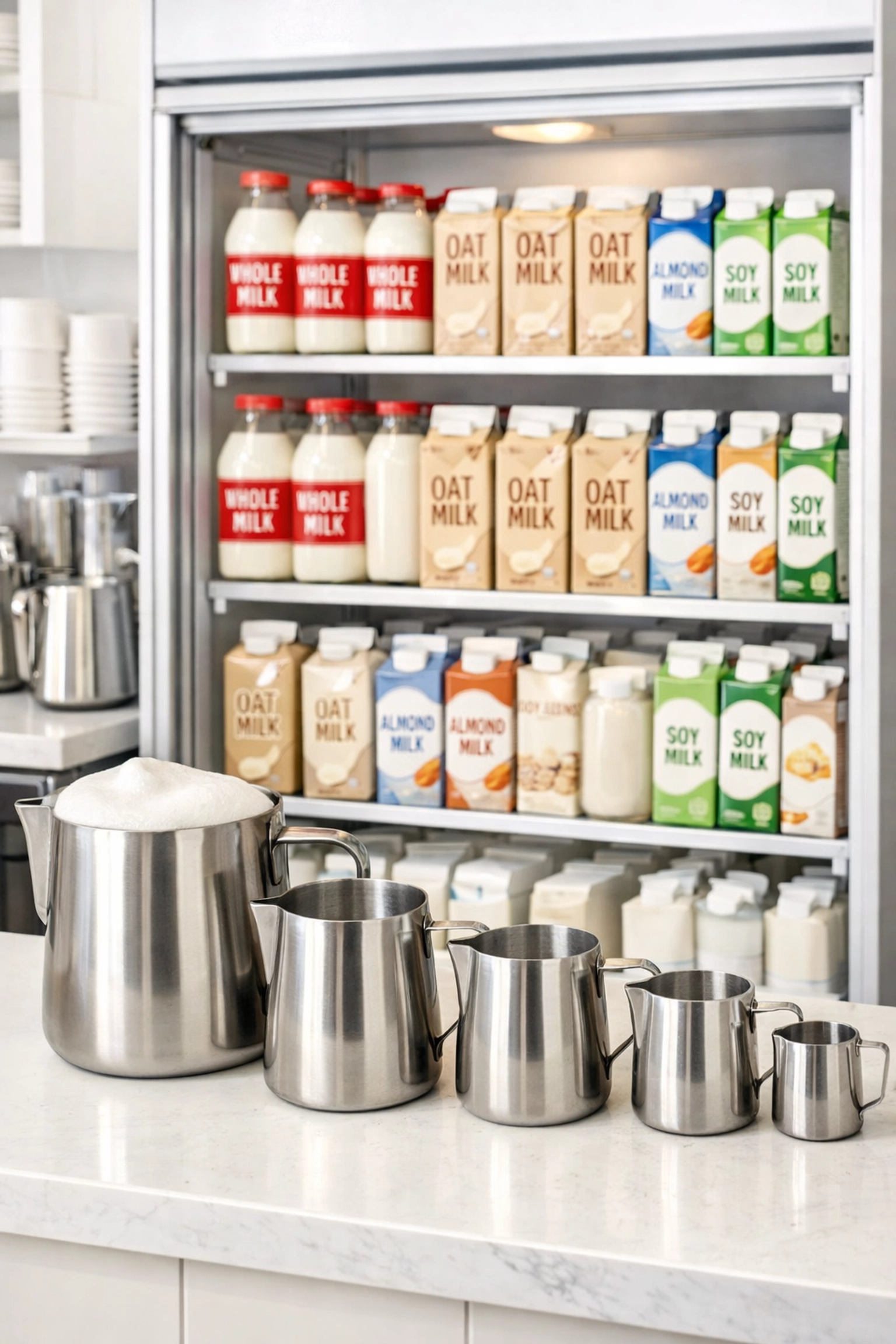 Organized coffee shop milk station with stocked refrigerator and steaming jugs