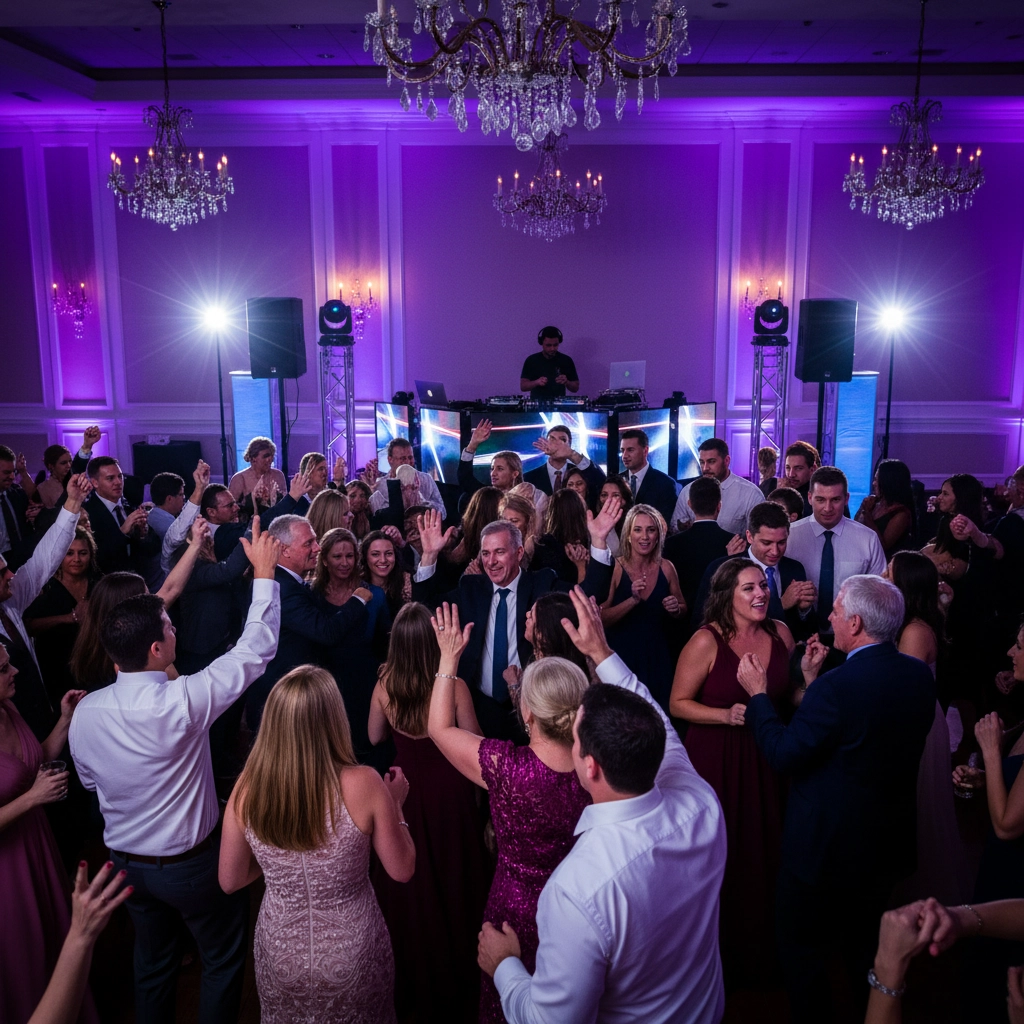 People dancing joyfully at a party with a DJ in the background, purple lighting, and chandeliers. Elegant attire and festive mood.