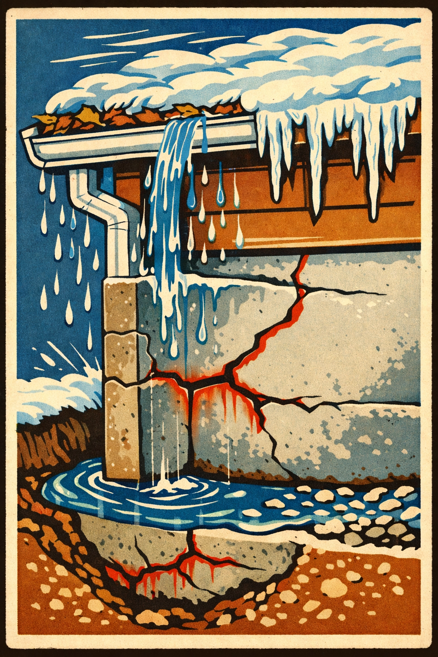 Clogged gutters causing foundation cracks and ice dams on NH home roof