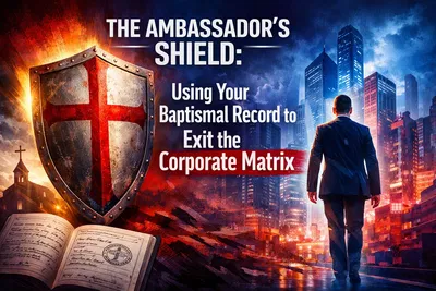 businessman-exiting-corporate-matrix-city-shield-baptismal-record