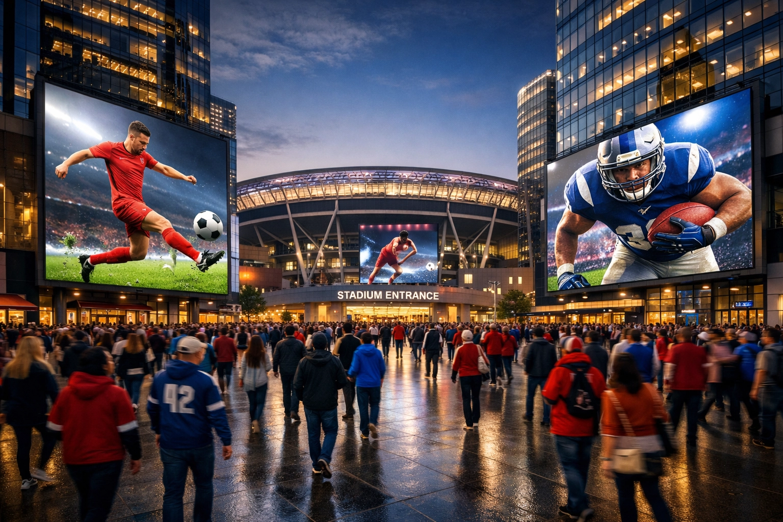 Digital billboards displaying sports advertisements outside a crowded stadium plaza at dusk.
