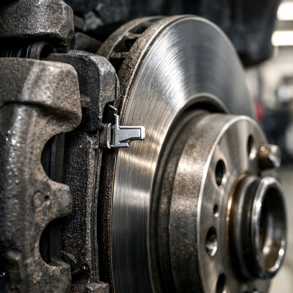 Detailed view of a brake pad and wear indicator on a car rotor to prevent grinding noises.