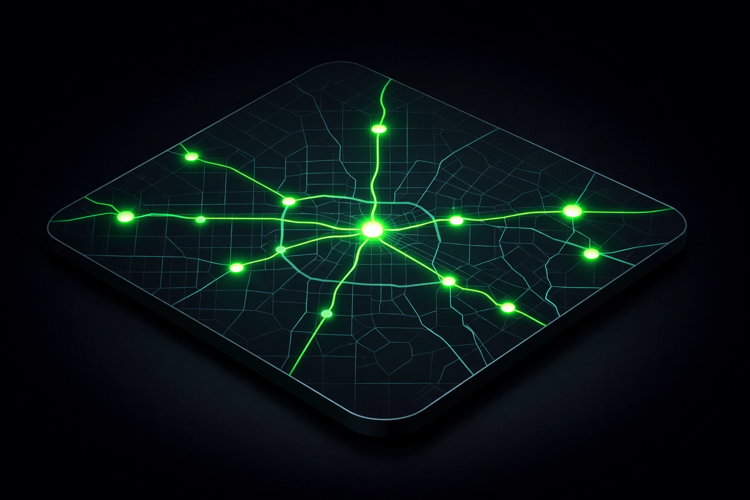 Digital map of Houston highway corridors highlighting interstate towing service areas and directory nodes.