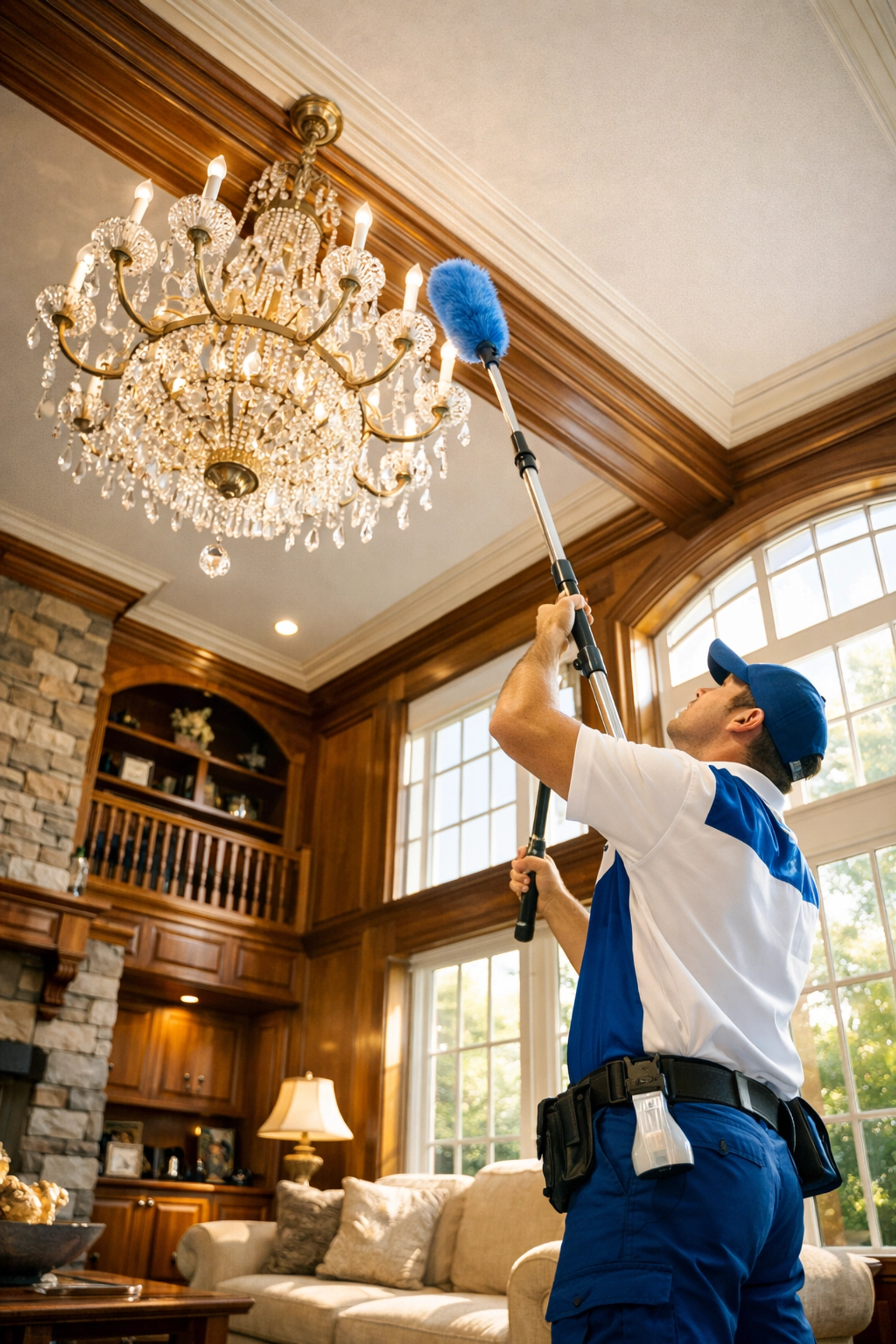 Professional dusting high crown molding using the top-to-bottom house cleaning in Townsend MA method.