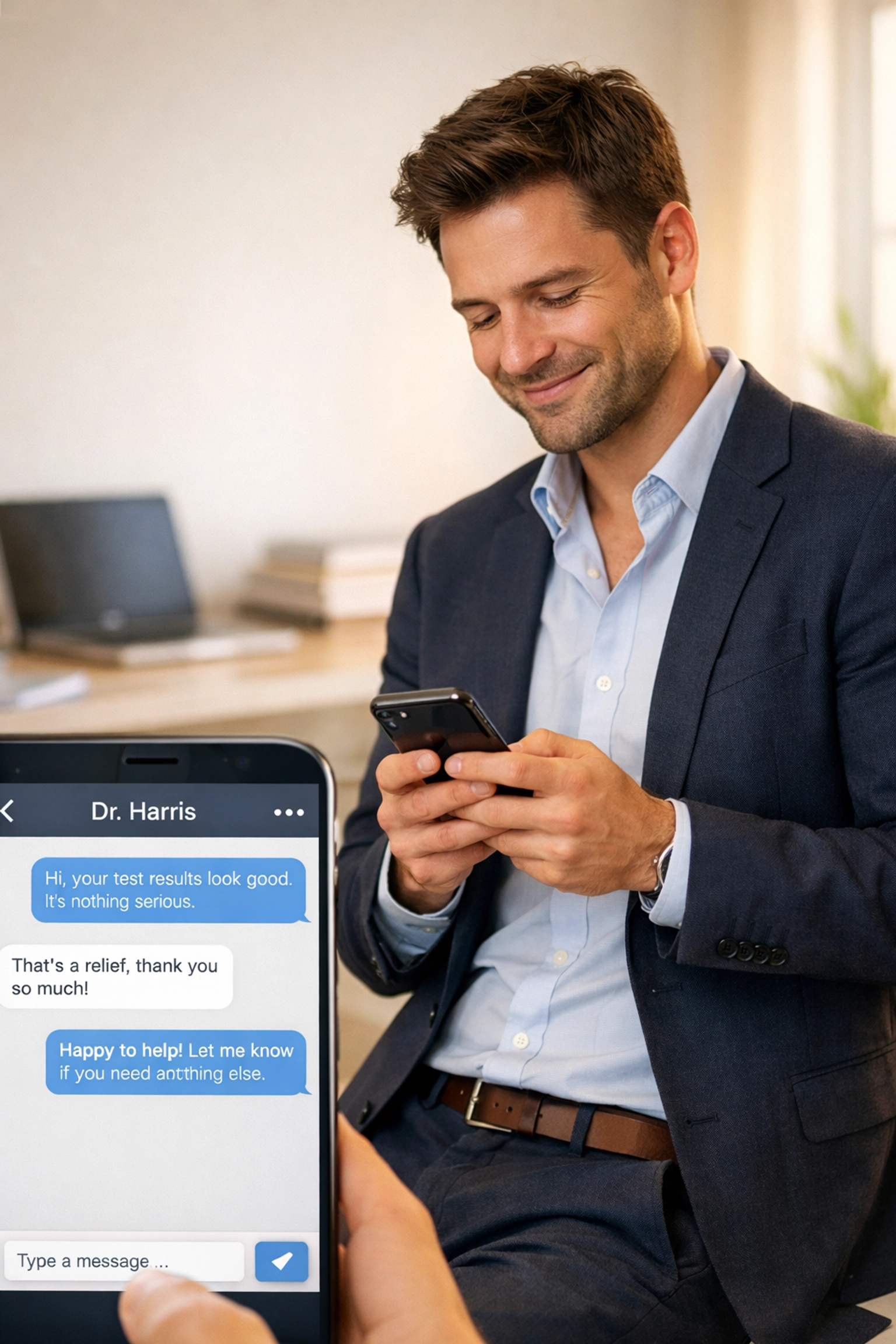 Professional using secure online medical chat on a smartphone for 24/7 doctor access from home.