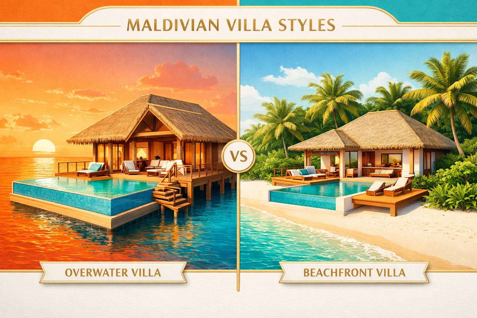 Comparison of a luxury overwater villa with a private pool and a beachfront villa at a Maldives resort.