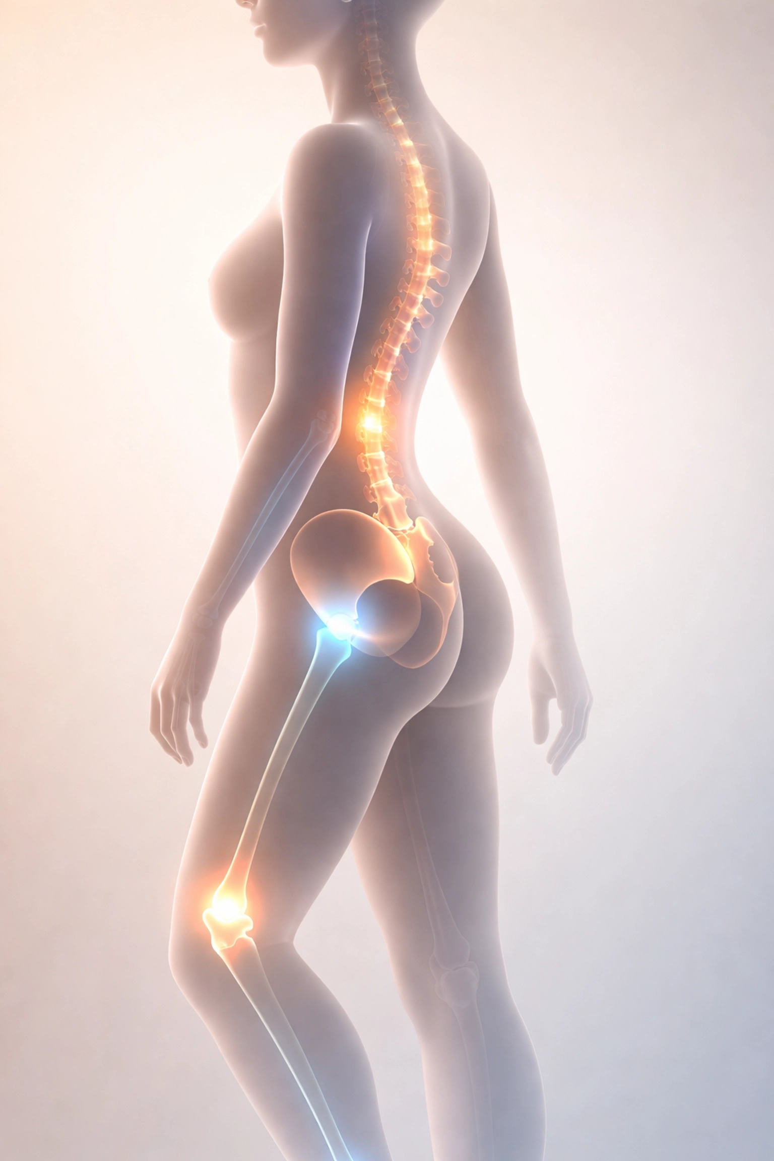 Translucent body highlighting hip, spine, and leg muscles to demonstrate sciatica's root cause and body imbalance