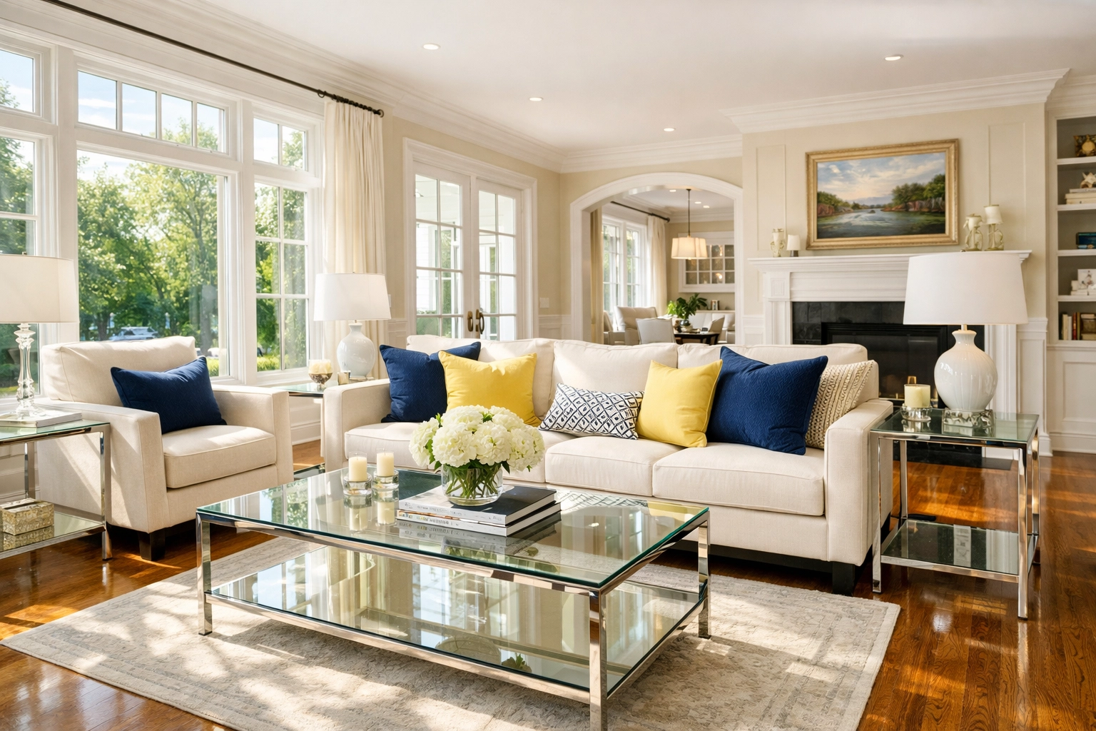 Immaculately clean living room with hardwood floors after professional house cleaning in Dunstable MA.