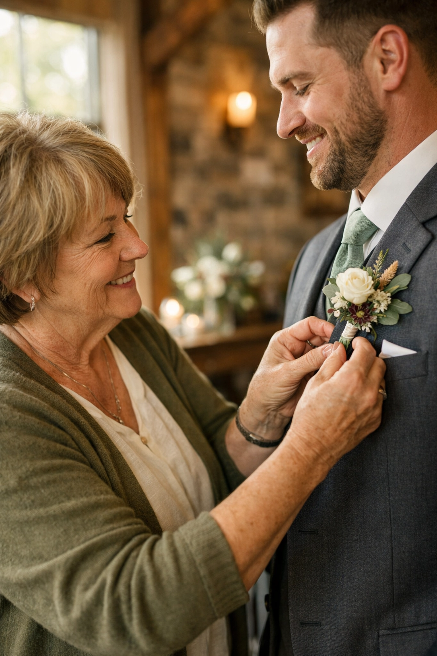 A Rent-a-Mom pinning a boutonniere, highlighting personal wedding services and rentals in Fort Wayne, Northeast Indiana.