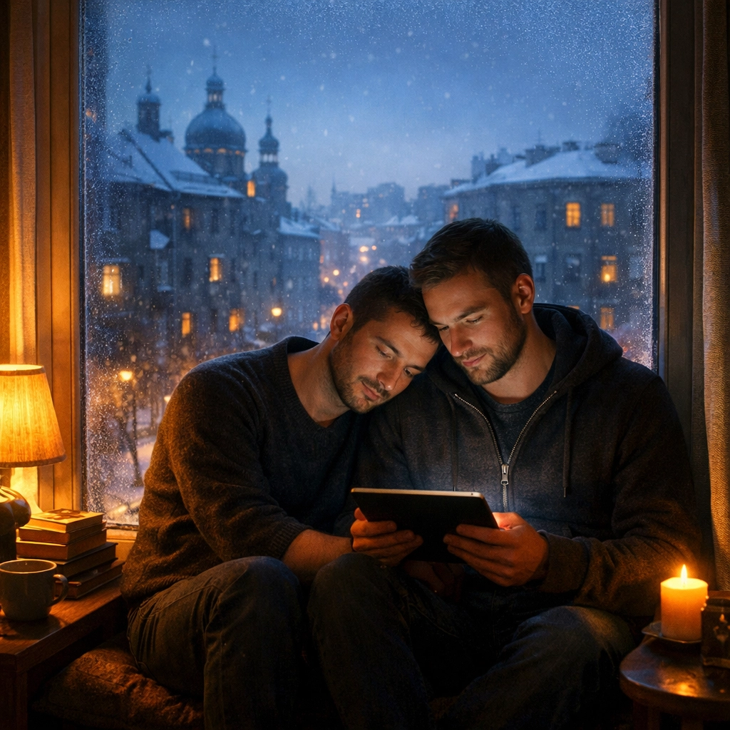 A gay couple finding safety and connection indoors, reflecting the reality of coming out in restrictive regions.
