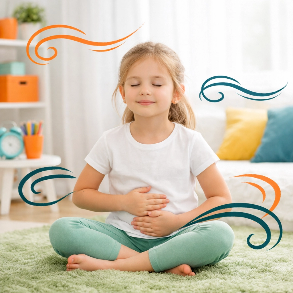 A peaceful young girl practicing belly breathing, an essential self awareness activity for kids.