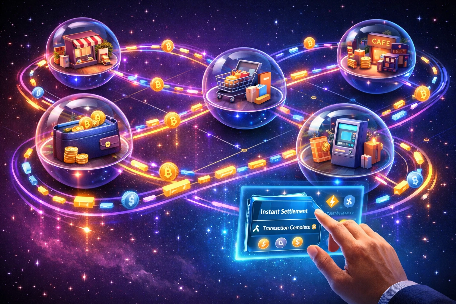 Decentralized Web3 payment network connecting merchants, wallets, and crypto transactions