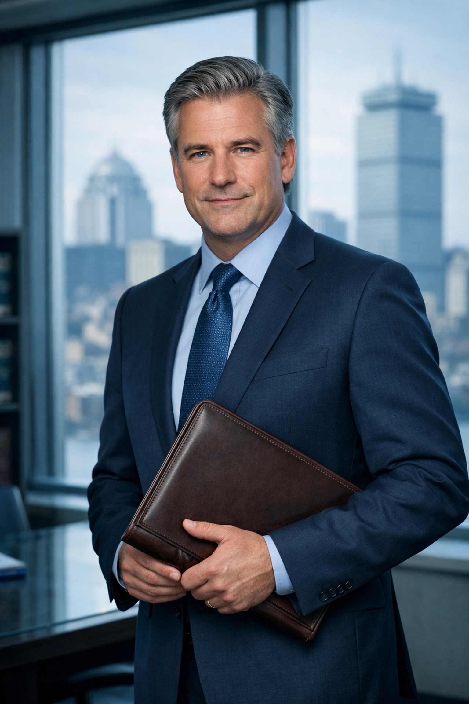 Experienced Boston dog bite attorney in law office with city skyline