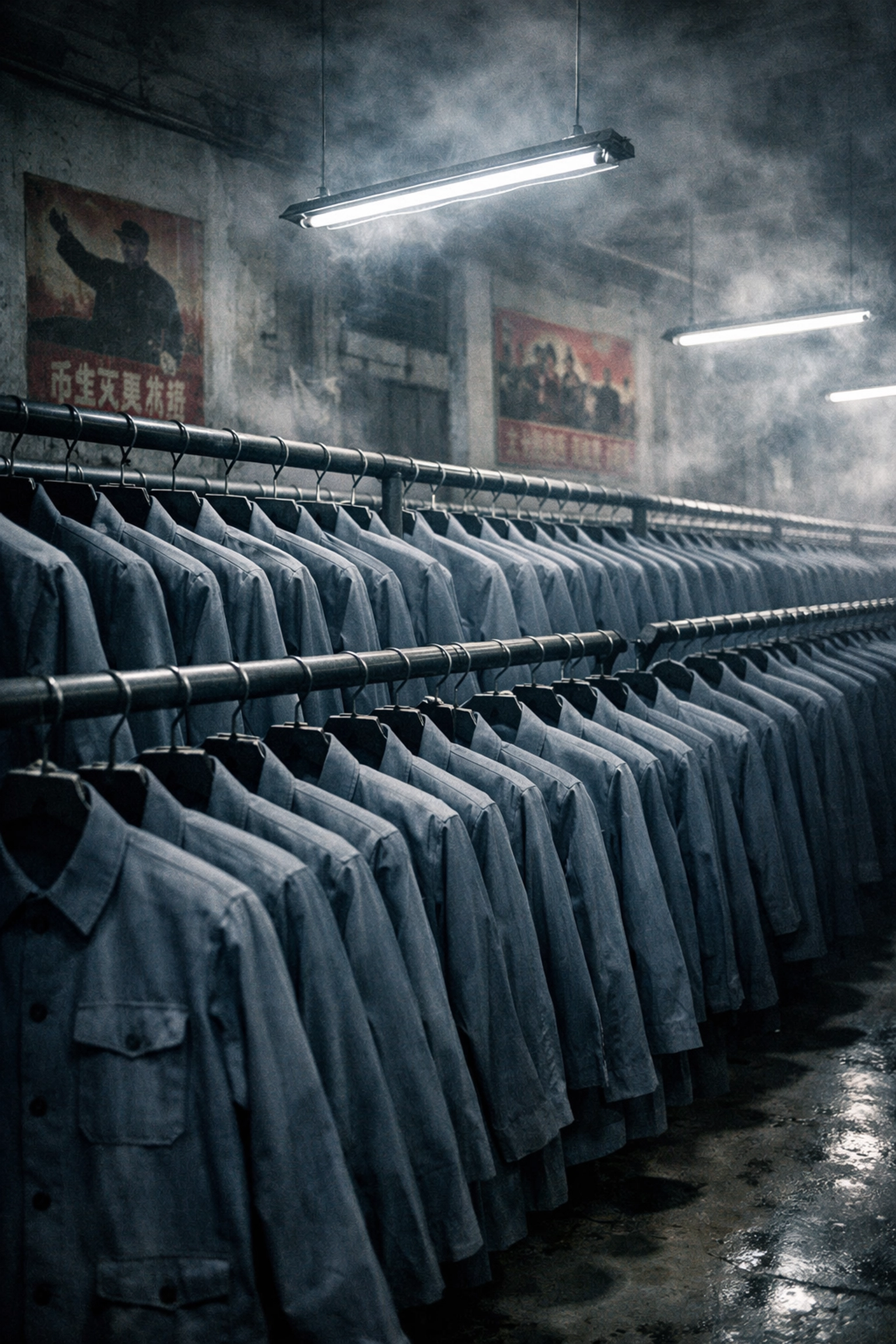 Rows of identical Mao suits in factory symbolizing oppression during Cultural Revolution China